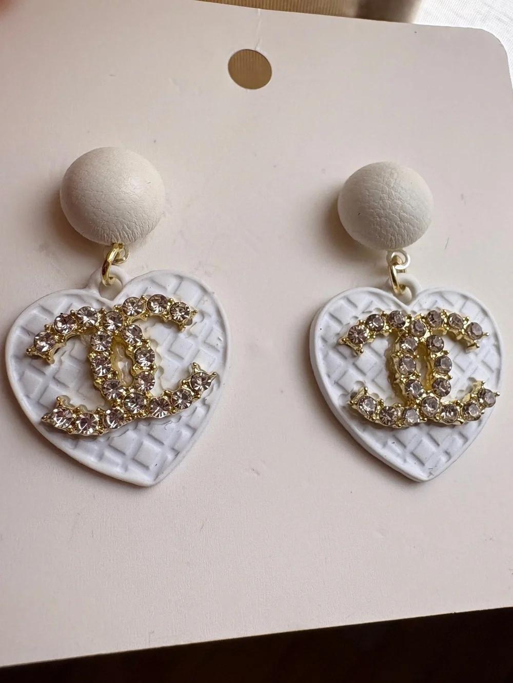 C White Heart Drop Earrings with Gold Crystal Logo